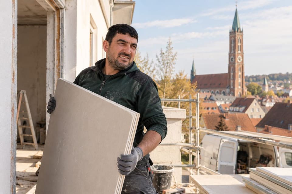 Bahruz Rahimov trägt Gipskartonplatten auf einem Baugerüst, im Hintergrund eine Stadtsilhouette.